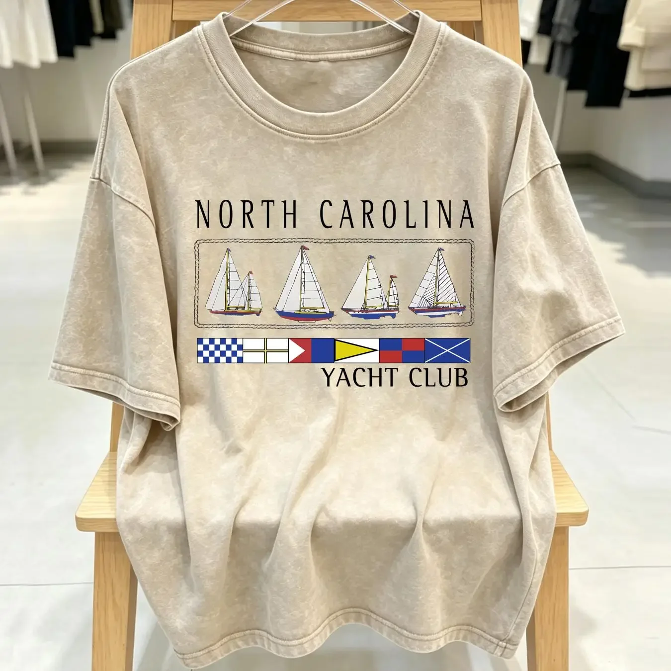 washed T Shirt Vintage Fruit Of The Loom North Carolina Yacht Club XL Beach vintage Washed homme streetwear Stylish