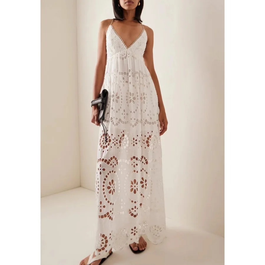 ผู้หญิงเซ็กซี่วันหยุด Boho Hollow out ดอกไม้ทํางานหนัก V คอ Backless Halter ชุดฤดูร้อนชุดเดรสแขนกุด Vestidos