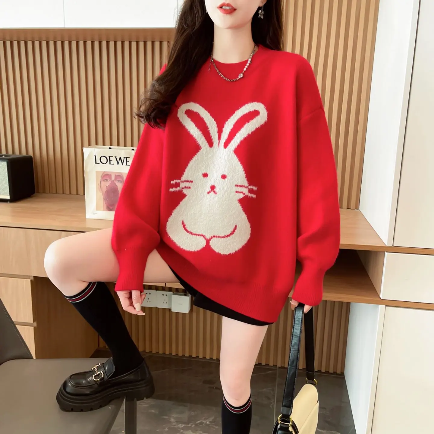 Winter Fufu Niedlicher weißer Kaninchen-Strickpullover, lockerer Weihnachts-Rot-Koreanischer Stil, Damenpullover, warm, gemütlich, Urlaubsmode