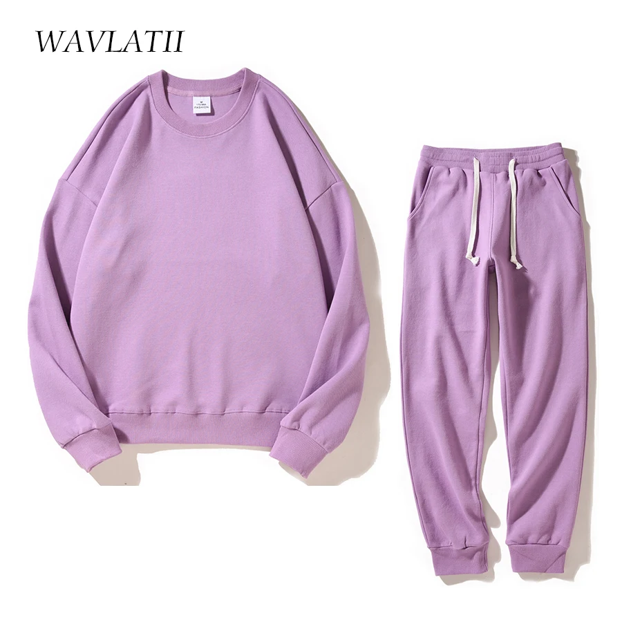 WAVLATII Women New White Streetwear Sweatshirts Sets Female Grey Casual Oversized Sporty Hoody Tops Pants Suits for Young WH2390