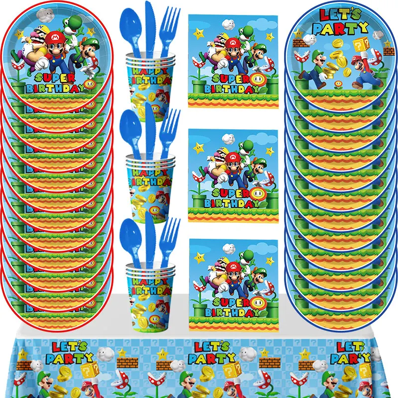 Super Mario Birthday Decoration Tableware Paper Cups Plates Napkin Tablecloth Party Supplies Digit Balloons Boy Kids Favor Gifts