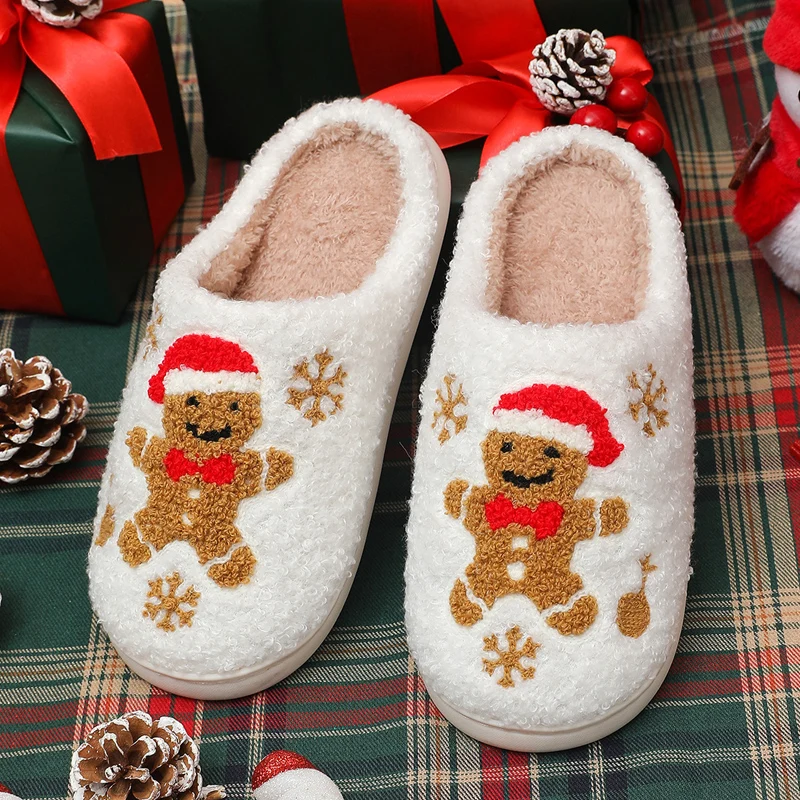 

Зимние женские рождественские плюшевые тапочки с пряничным человечком, утепленная теплая домашняя хлопковая обувь, флисовые домашние тапочки с мультяшной вышивкой