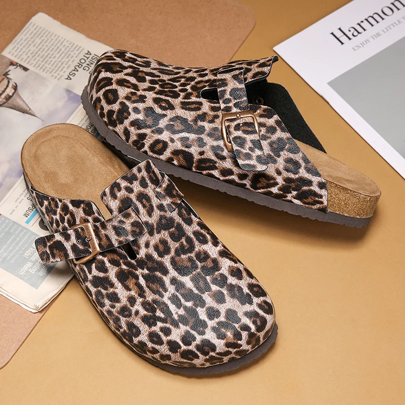 Retro Cork Clogs Slippers For Men Women Fashion Mules with Arch Support Leopard Print Beach Shoes Men's Leather Beach Sandals