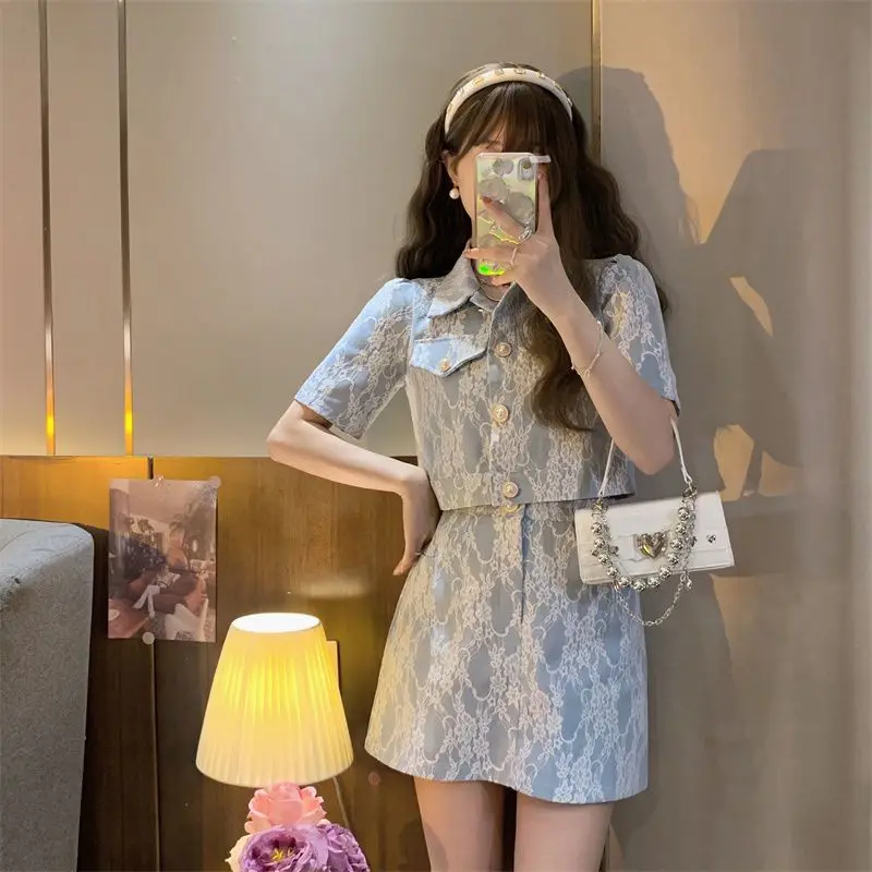 

Sweet Spicy Design Sense Small Fragrant Denim Blue Fashion Set Women's Summer New Short Style Fried Street Short Two Piece Sets