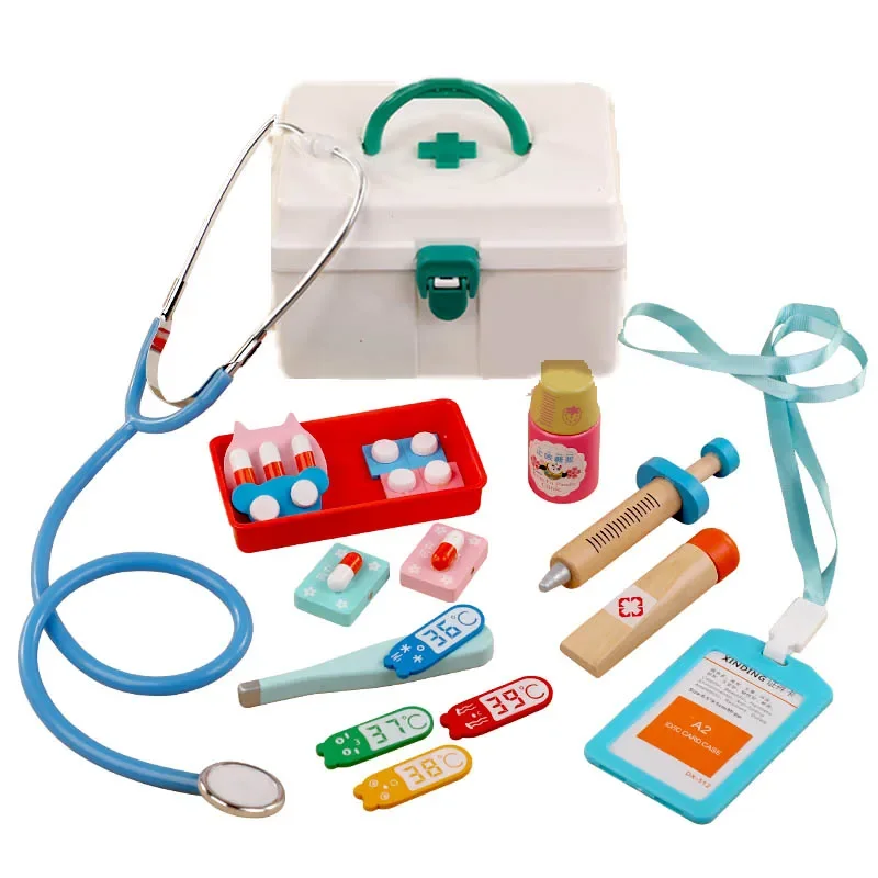 Giochi di finzione in legno Giocattoli educativi da dottore per bambini Simulazione medica Set di cassette per medicinali Giochi di ruolo Finta