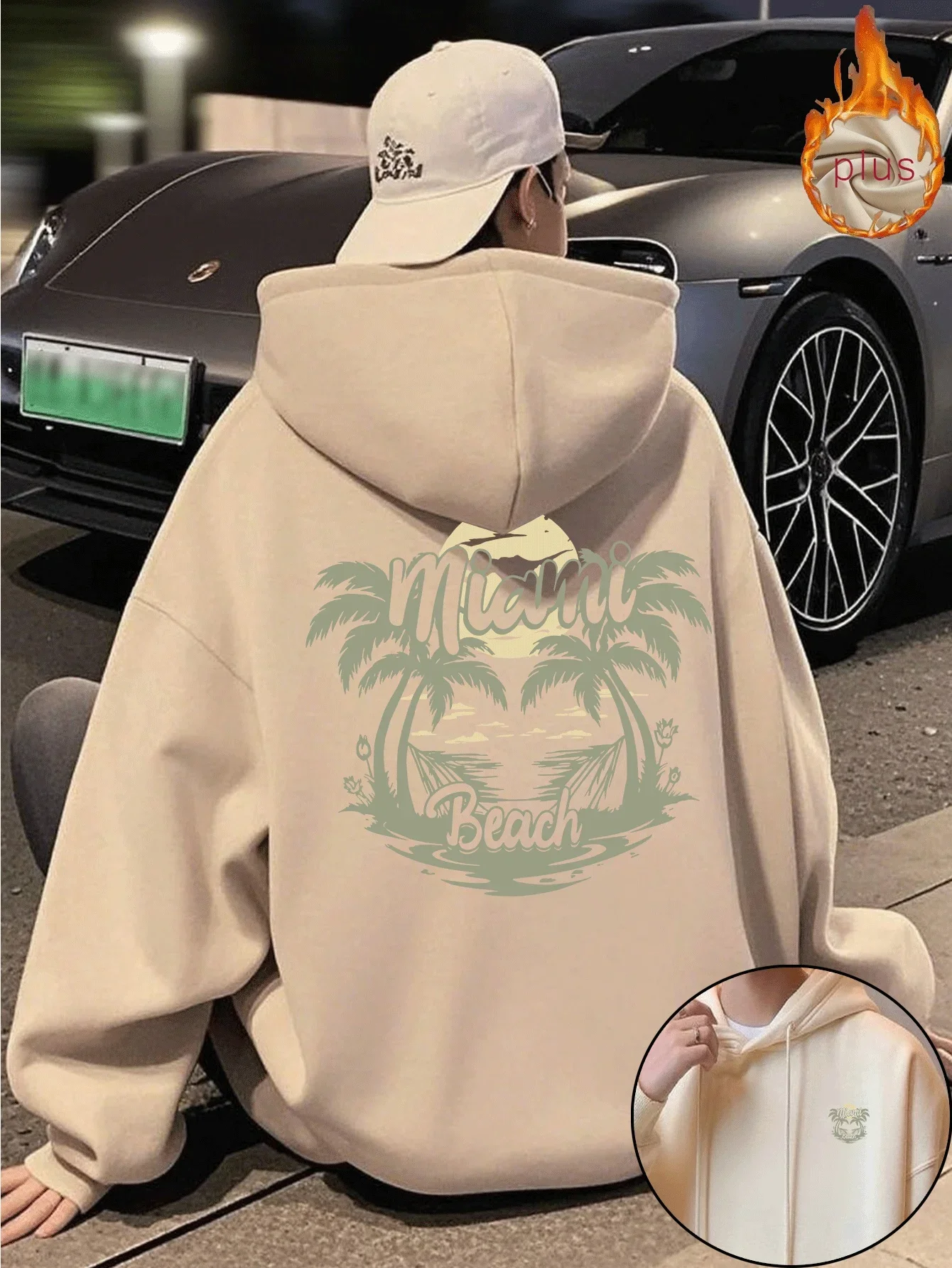 Vintage Script Miami Beach Palm Sunset Back Print Hoodie Men Loose Tropical Travel Front & Back Printed Hooded Top