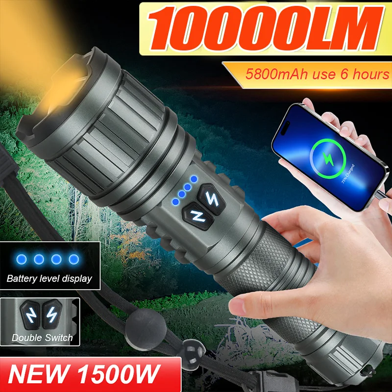 

10000LM Powerful Flashlight Dual Light Souces 800W LED High Power Rechargeable LED Flashlight Long Range Torch Tactical Lantern