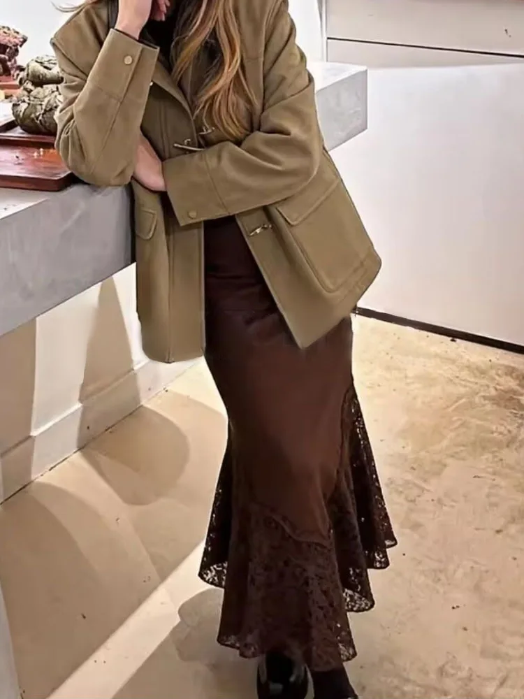 

HH Women New Fashion Retro Versatile Solid Hem Slit Lace Silk Satin Skirt Female Temperament Slim Zipper Ankle-length Long Skirt