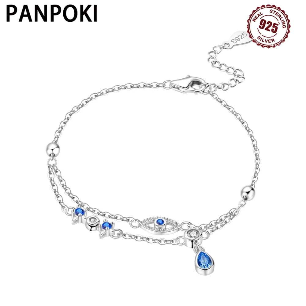 PANPOKI New 925 Sterling Silver Circular Hollow Devil's Eye Water Drop Zircon Bracelet Chain Link Women Bracelet Jewelry Gifts