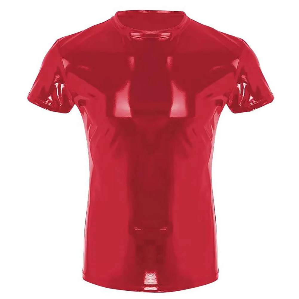T-Shirt Men Top Black/Red Clubwear Costume Faux Leather Mens PVC Round Neck Short Sleeve Solid Color Brand New