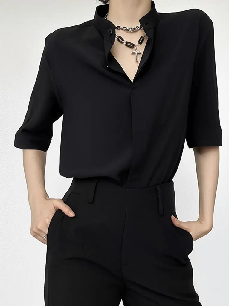 

Minimalist Stand Collar Short Sleeve Shirt Hidden Buttons Pure Color Ice Sensation Unisex Summer High End Feeling Handsome Shirt