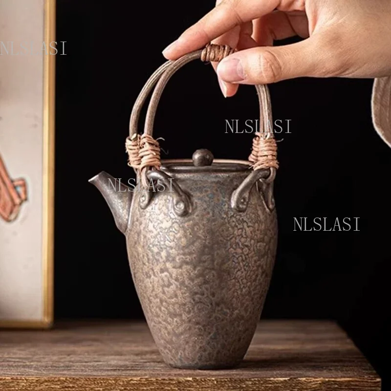 300ml Rustic Kiln Changed Ceramic Teapot with Woven Rattan Handle Stoneware Kung Fu Teapot for Zen Tea Ceremony and Home Brewing