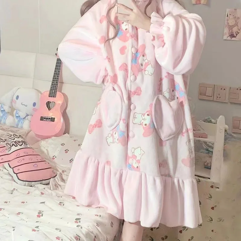 Sanrio My Melody-Conjunto de pijama de felpa para mujer, vestido de pijama suave con estampado de dibujos animados Kawaii, pantalón cárdigan suelto,