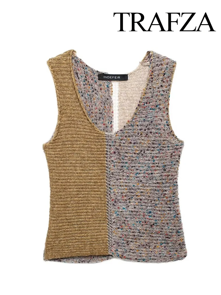 TRAFZA Women's Autumn Fashion Bohemian Style Hand-Sewn Visual Color Block Stitching Sweater Vest Female Elegant High Street Vest