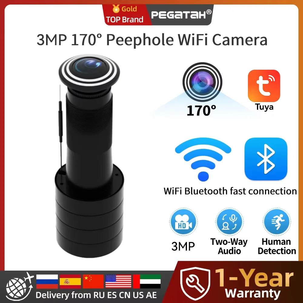 

PEGATAH 3MP HD Video WiFi 170° Wide-angle Camera Human Detection Audio Door Viewer Video-eye Wireless Cat-eye Cam Tuya APP