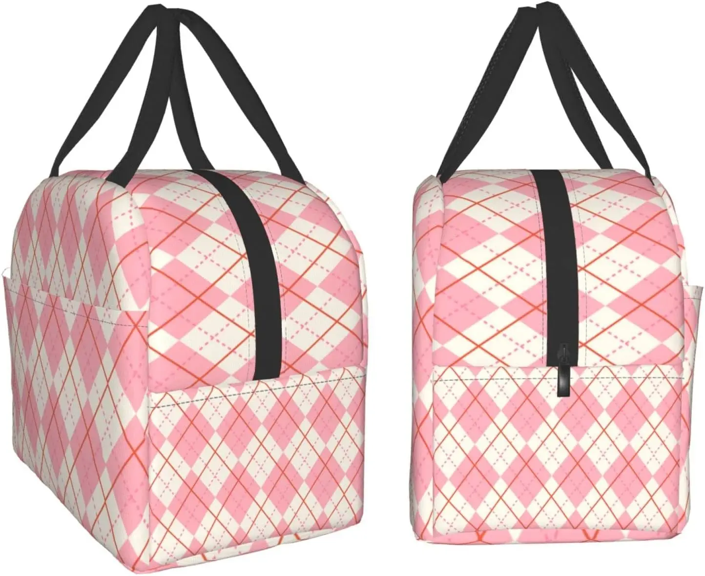 Lunch Bag Pink Beige Argyle Pattern Insulated Lunch Box Reusable Lunch Bags Meal Portable Container Tote