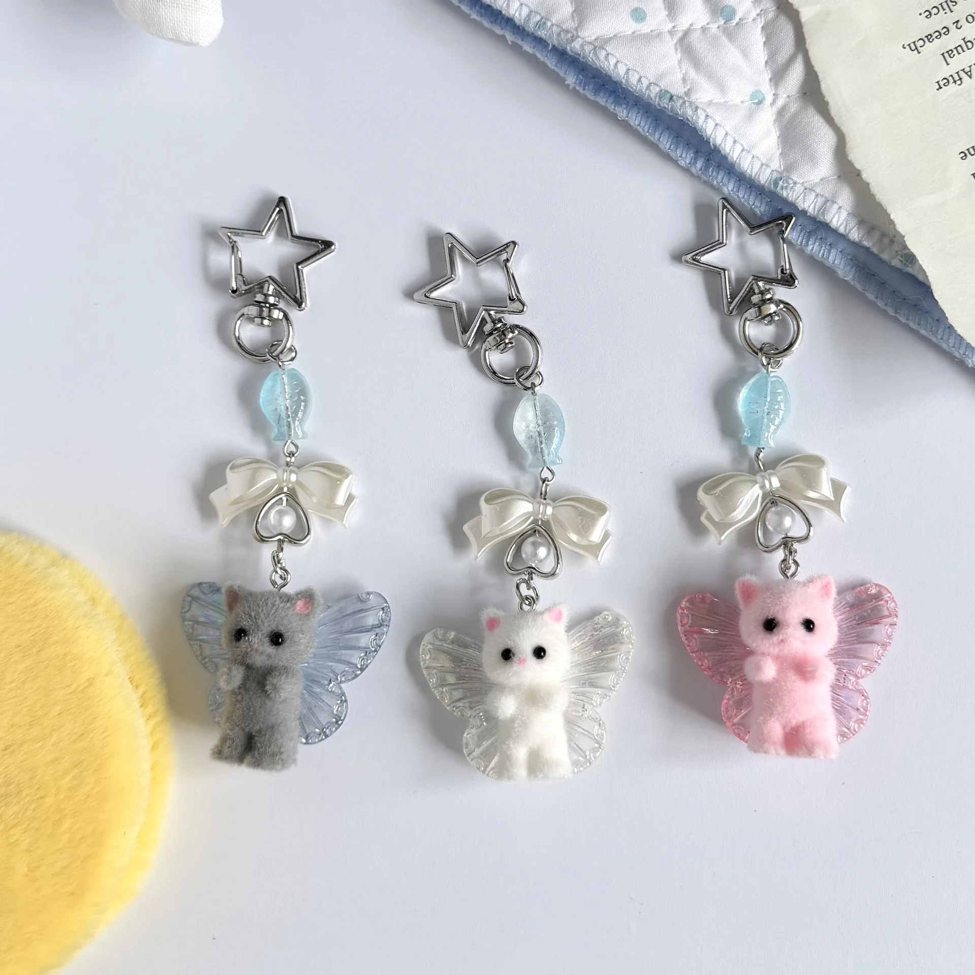 Cute Cat Keychain Sweet Y2K Girly Pink Butterfly Bag Hanging Ornament Star Decorative Key Chain for Backpack Purse Accessories