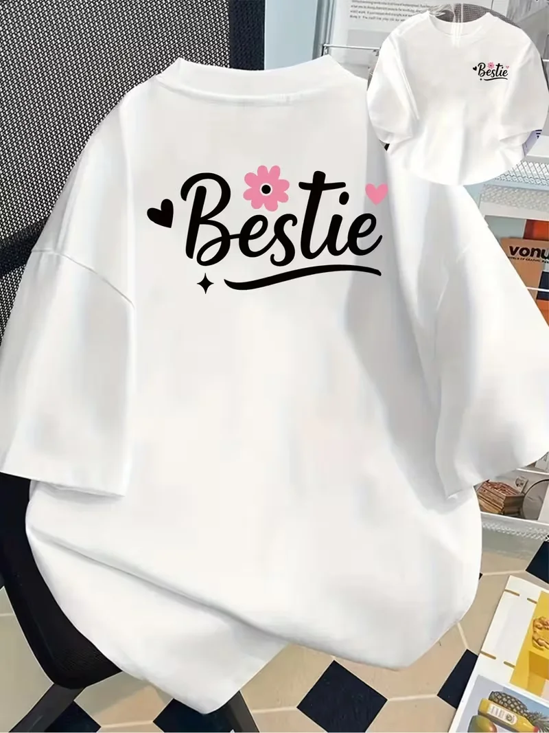 Best Friends, Bestie Print Tshirt Short Sleeve Crew Neck Casual Top for Summer Spring, Women's Clothing Trendy Streetwear
