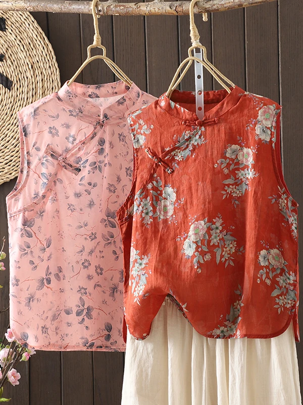 

Summer New Vintage Stand Collar Printed Waistcoat Women's Casual Loose Svel Vest Top Breathable Thin Cardigan irt