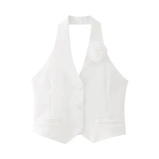 New Female Vintage Halter Neck Jackets Appliques White Backless Waistcoats Women Fashion Chic Lady Sleeveless Tank Tops