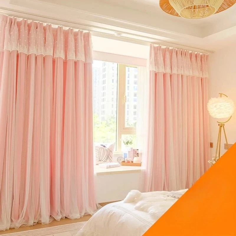 Girls double princess style French pink curtain bedroom ins wind blackout new living room dream curtain