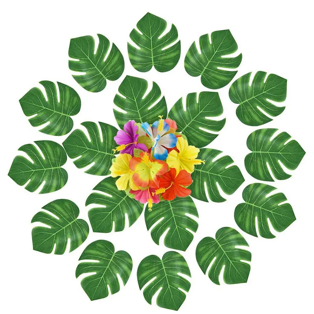 

Artificial Leaves Decoration Simulated Turtle Back Leaf Set Hibiscus Flowers Faux Tropical Ornament Layout Decor