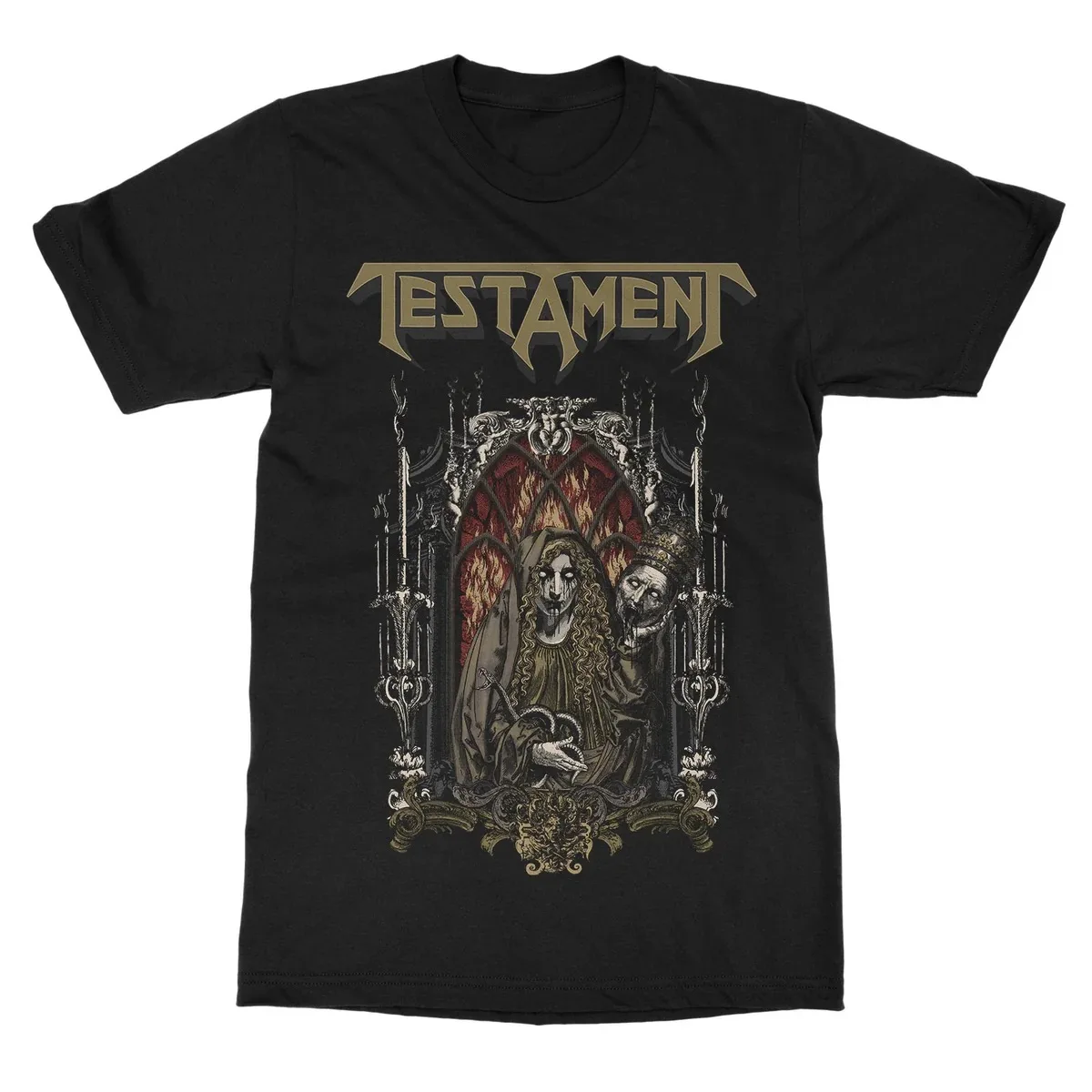 Testament Dark Medieval Gothic Themed Print T Shirt, Stylish Cathedral Undead Drawing and Vintage Band Logo Text