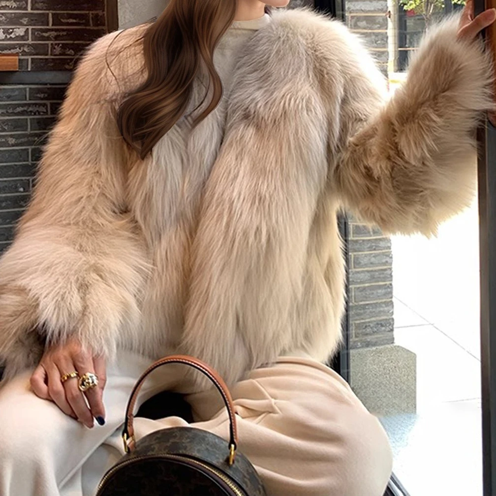 

Faux Fur Women Coats Solid Short Jackets Thick O Round Neck Long Sleeve Drawstring Button Loose Fit Casual 2025 Autumn Winter