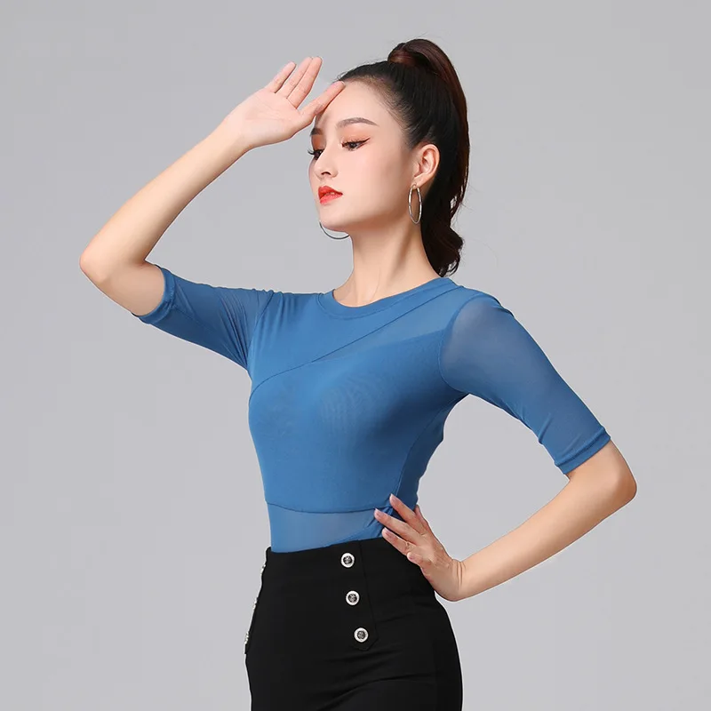 Tops de baile latino para mujer, camisa de malla Sexy a la moda, ropa de práctica, nueva danza de salón, actuación profesional, ropa femenina 4XL