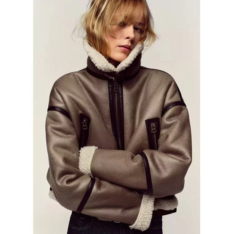 Retro Kurtka Motocyklowa z Kołnierzem, Barwiona Metodą Tie-Dye, z Futra i Skóry, Damska, Krótka, Casualowa, Luźny Krój, Jednolity Kolor, Zapinana na Zamek, Jesień Zima Nowość