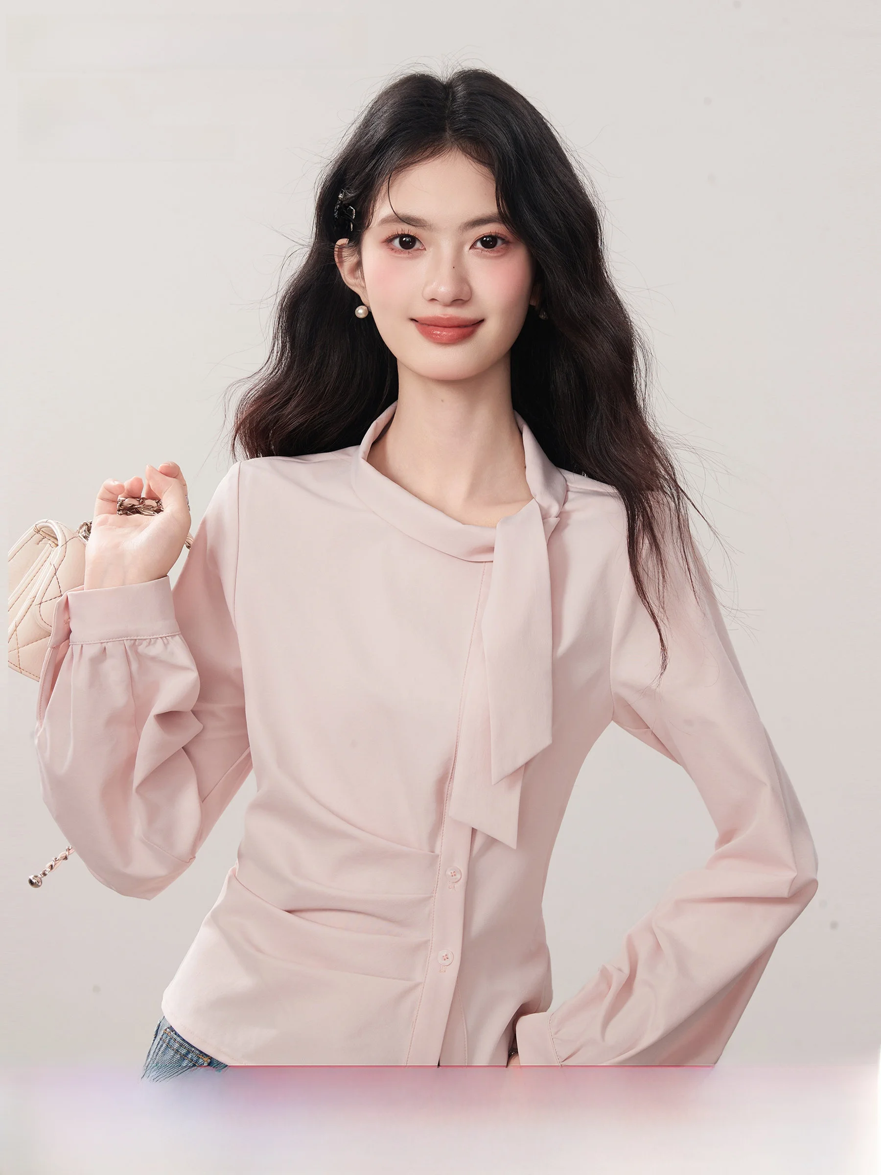 

Элегантная женская рубашка с принтом сакуры, новый весенний стиль, асимметричная, уникальная, красивая, с длинным рукавом, приталенная, из полиэфирного волокна