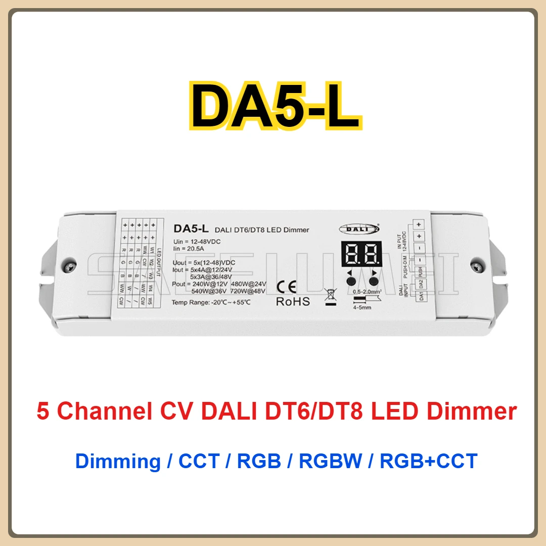 

12V-48VDC DA5-L(DT6/DT8) CV DALI LED Dimmer For RGB RGBCCT LED Strip Light Tape5CH*4A 5 Channel 24V Controller Constant Voltage