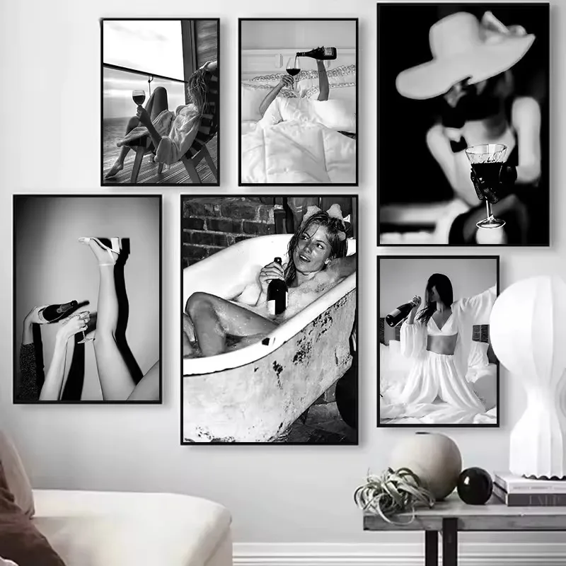 Vintage Black and White Woman and Champagne Alcohol Bottle Feminist Poster Canvas Painting Wall Art Pictures Home Kitchen Decor