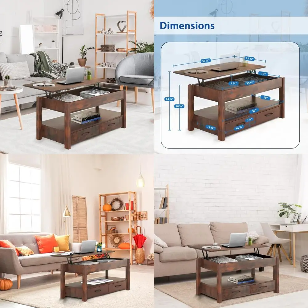 

Rising Top Coffee Table with Hidden Storage and 2 Shelves for Living and Dining Rooms