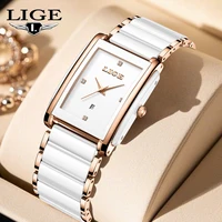 Relojes LIGE cuadrados de cuarzo a la moda para mujer, relojes de cerámica elegantes y simples con diamantes y fecha automática, regalo de cumpleaños romántico, reloj de pulsera de ocio nuevo