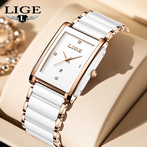 Imagen 1 del producto Relojes LIGE cuadrados de cuarzo a la moda para mujer, relojes de cerámica elegantes y simples con diamantes y fecha automática, regalo de cumpleaños romántico, reloj de pulsera de ocio nuevo