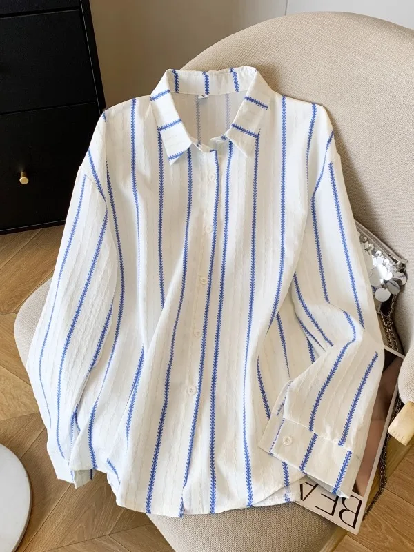 

Simple Design Striped Long Sve irt Women's Loose Commute Ladies irt Spring New Sle Polyester Material Original Design