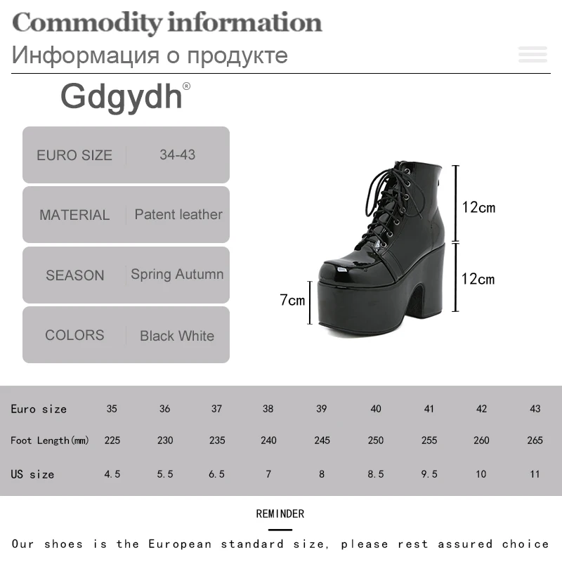 Gdgydh Women\'s Platform Chunky High Heel Lace Up Combat Boots Round Toe Black Patent Leather Goth Boots Knight Punk Big Size