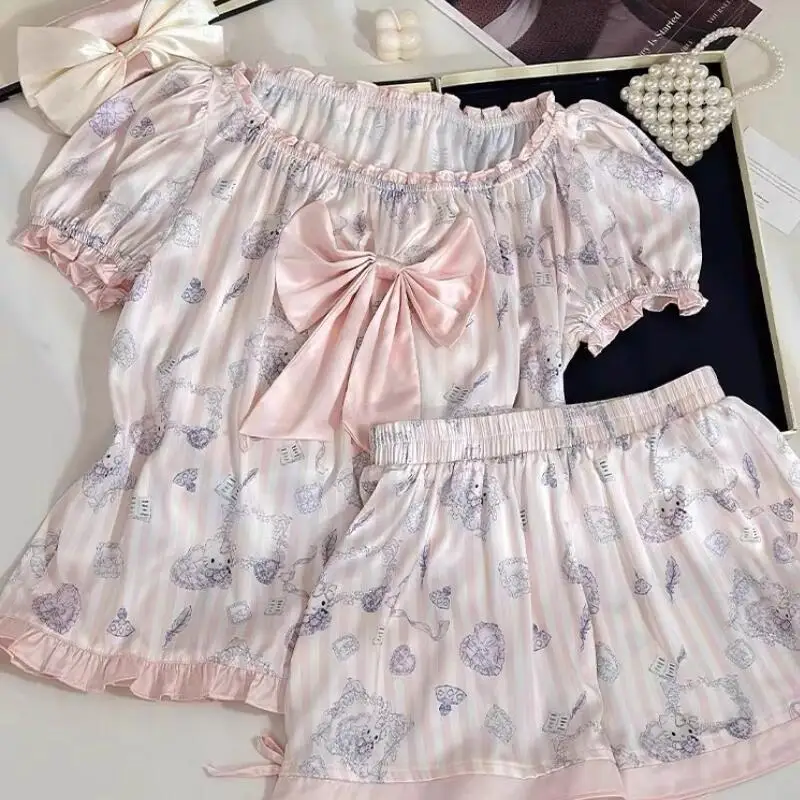 New Fashion Women's Bow Sleepwear Summer Youth Short Sleeved Shorts Set Cartoon Cute Sweet Student Home Clothes Comfortables