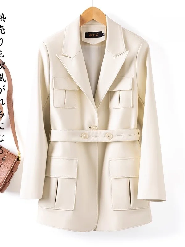 Primavera Autunno 2025 Nuovo Cappotto Haifeng in Vera Pelle di Pecora, Giacca a Vento Femminile di Media Lunghezza con Cintura alla Moda