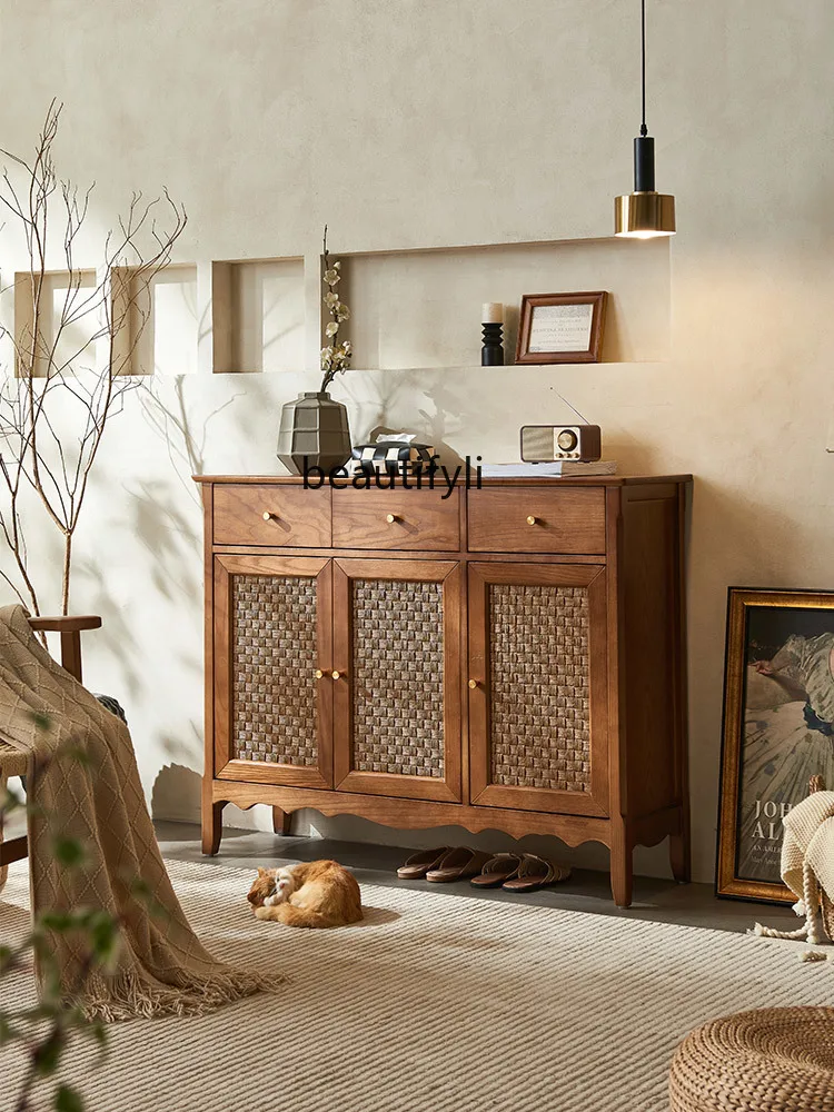 Japanese Style Rattan Solid Wood Storage Living Room Storage Hallway Chest of Drawers