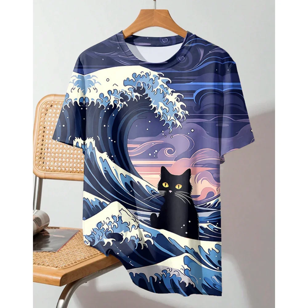 T-shirt de arte Ukiyo-e Kanagawa Sea Wave Cat masculino e feminino, T gráfico japonês Samurai, Top de manga curta, Streetwear extragrande, impressão 3D