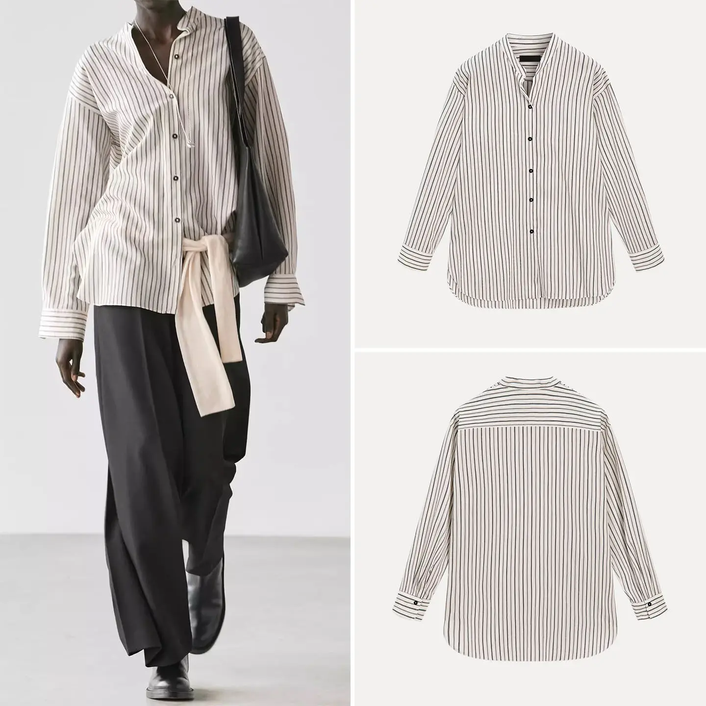 

Весна 2026 Женская повседневная рубашка в полоску с длинным рукавом, воротником-стойкой, на пуговицах, топ ZADATA, прямой крой, ткань из других материалов, 100%