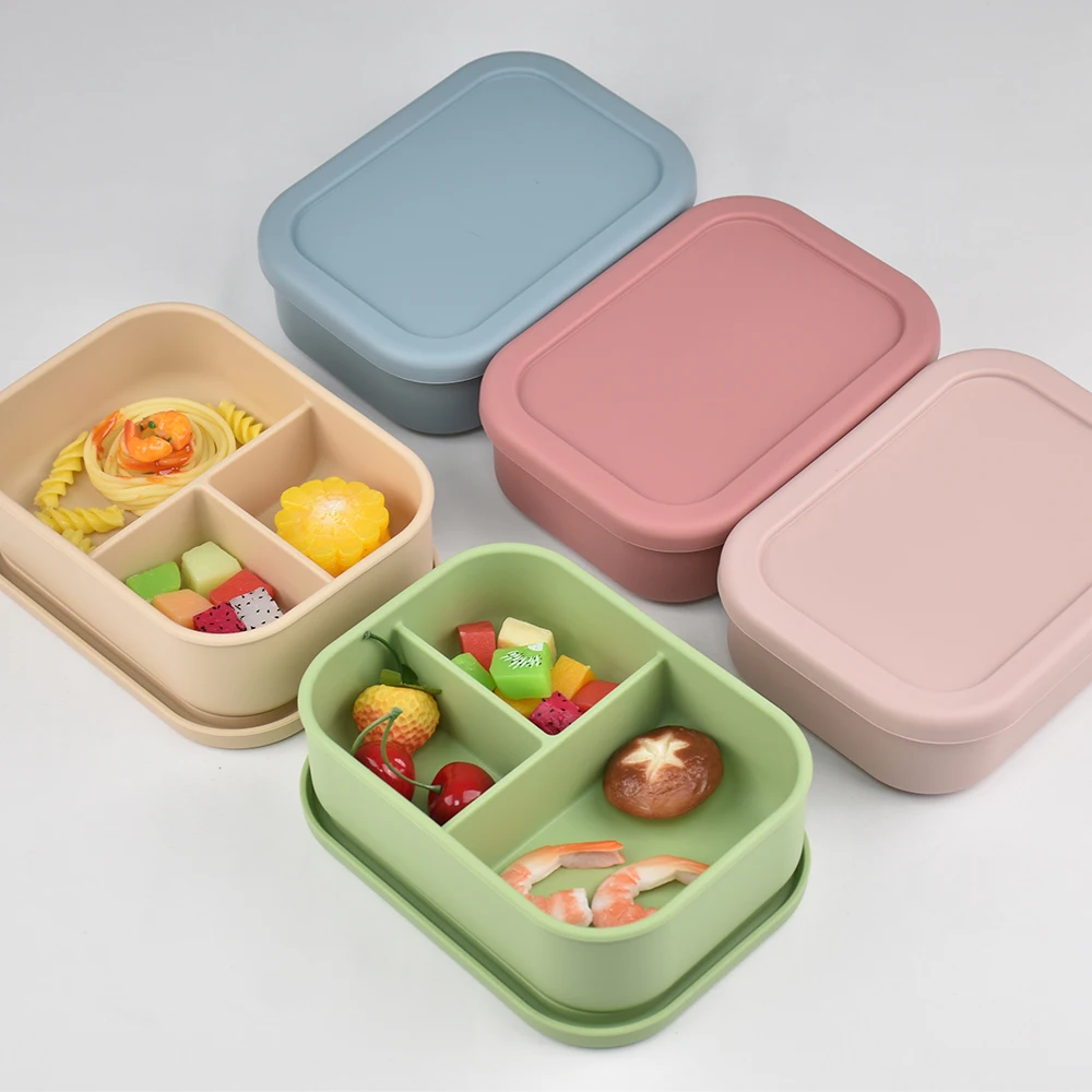 Kotak Makan Siang Bento Silikon 3 Kompartemen - Anti Bocor, Dapat Digunakan di Microwave, Ramah Lingkungan untuk Anak-anak dan Dewasa