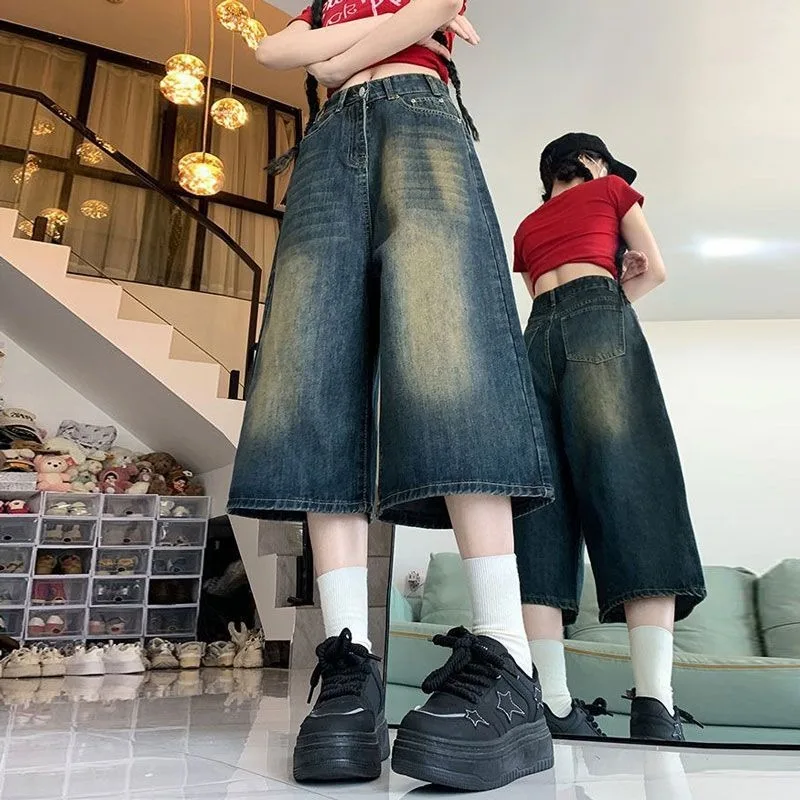 Damskie szerokie krótkie jeansy retro w kolorze niebieskim, luźne szorty Y2k, casualowe vintage streetwear Harajuku, koreański styl, podstawowe letnie szorty jeansowe 2025