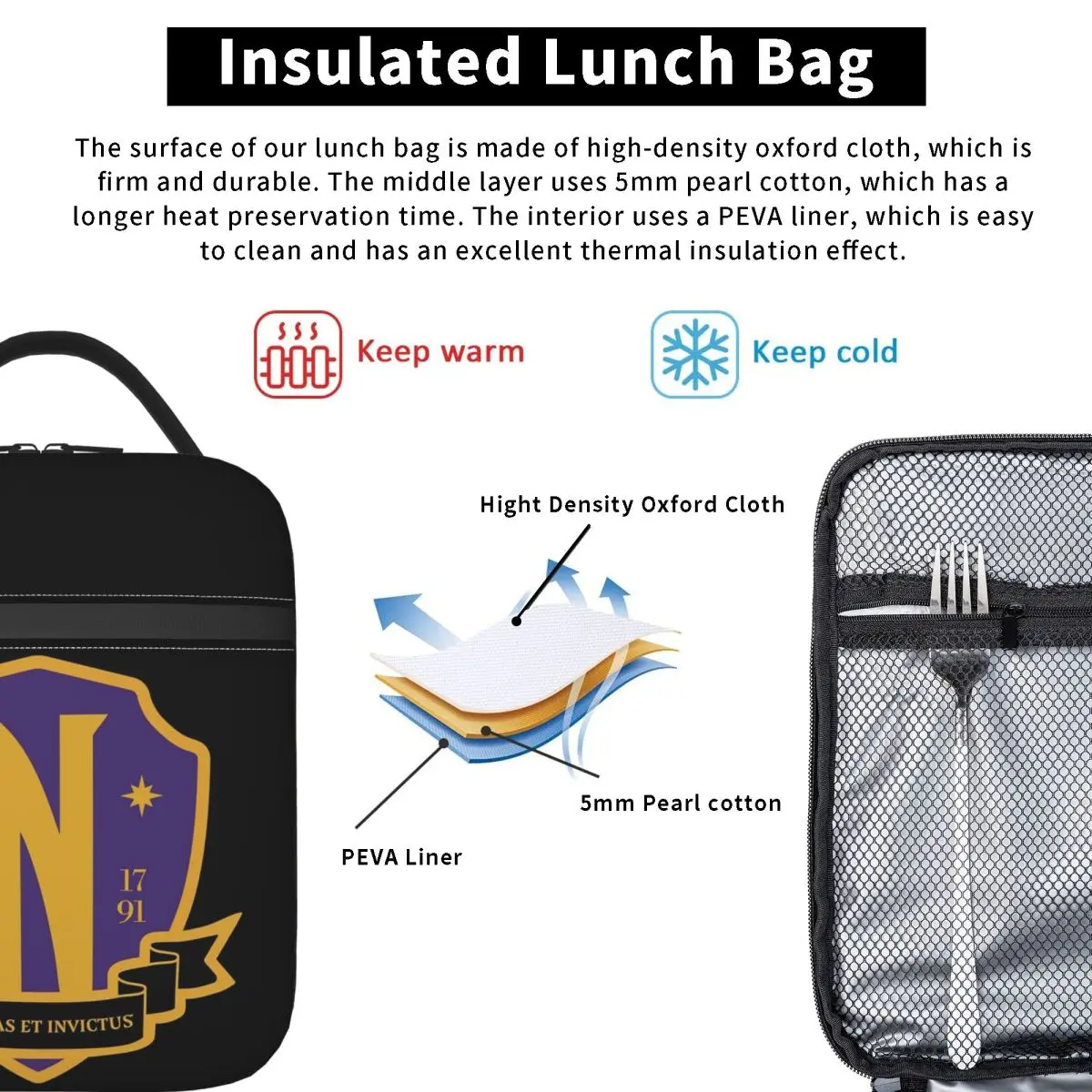 Nevermore Academy Crest (clean) Insulated Lunch Bag for Women Children Leakproof Food Boxes Thermal Lunch Box Tote