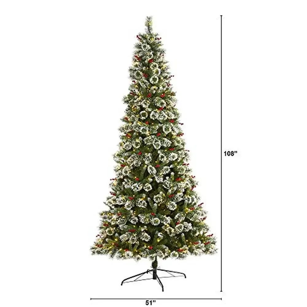 9ft. Frosted Artificial Christmas Tree with Clear LED Lights and Berries Winter Wonderland Decor 1397 Branches Metal Stand