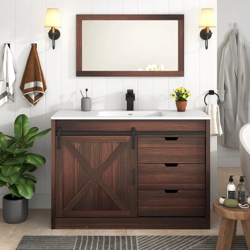 48 Farmhouse Bathroom Vanity with Sink Faucet Mirror Brown