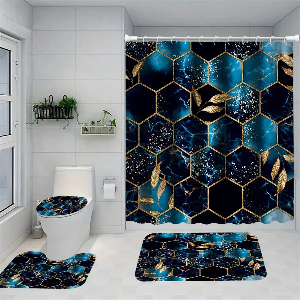 

1/4 Geometric grid shower Curtains, Toilet Seat Decoration, Shower Curtain with Carpet and Toilet Lid, 12 70.8x70.8 inch Hooks