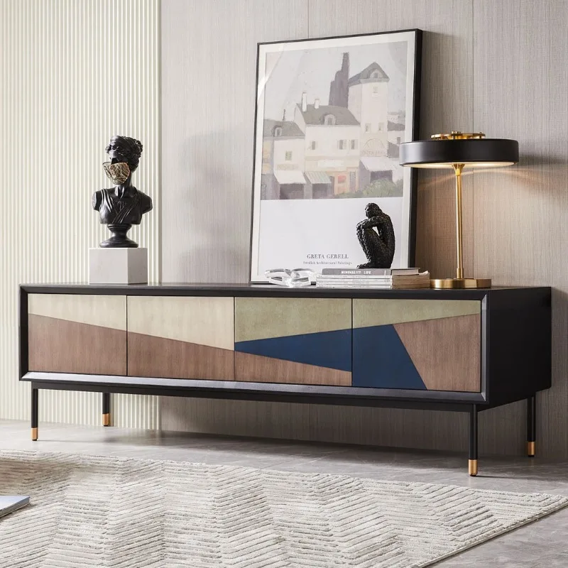 TV cabinet modern simple solid wood TV cabinet high black living room small apartment minimalist floor cabinet 6
